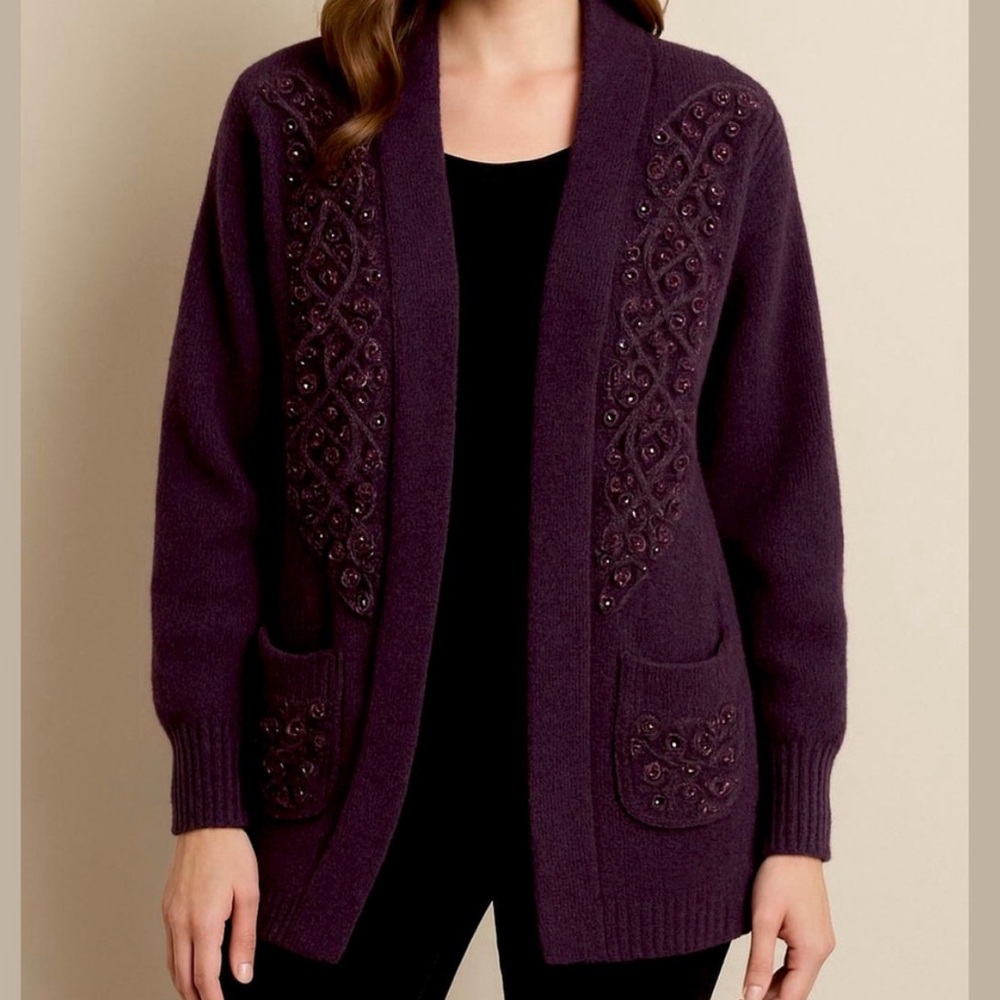 VINTAGE lambswool & angora sweater cardigan coat fully lined crochet & beads Med